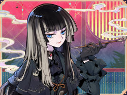 Rule 34 | 1girl, ascot, black ascot, black capelet, black gloves, black hair, black shirt, blonde hair, blue eyes, blunt bangs, blunt sidelocks, capelet, choker, collared shirt, commentary, frilled sleeves, frills, gloves, gothic lolita, highres, holding, holding smoking pipe, hololive, hololive dev is, juufuutei raden, kiseru, lace, lace choker, lolita fashion, long hair, long sleeves, multicolored hair, phantom ix row, shirt, smile, smoke, smoking pipe, solo, two-tone hair, upper body, virtual youtuber