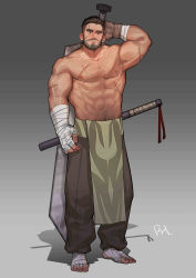Rule 34 | 1boy, abs, absurdres, bandages, bara, beard, biceps, black hair, body hair, brown gloves, brown hair, chest hair, facial hair, fingerless gloves, full body, gloves, highres, holding, holding sword, holding weapon, large pectorals, male focus, muscular, muscular male, navel, navel hair, nipples, no shoes, original, over shoulder, oversized object, pectorals, pelvic curtain, peterhl, pout, scar, scar on arm, scar on chest, scar on face, scar on forehead, sheath, sheathed, topless male, short hair, solo, standing, stubble, sword, sword over shoulder, thick eyebrows, weapon, weapon over shoulder