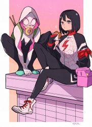 Rule 34 | animification, backpack, bag, black hair, bodysuit, breasts, cindy moon, closed jacket, commentary, doughnut, drumsticks, food, food in mouth, full body, green bag, gwen stacy, highres, hood, hooded bodysuit, jacket, looking at viewer, marvel, medium breasts, shoes, short hair, silk (marvel), sitting, spider-gwen, spider-man (series), squatting, superhero costume, sushi pizza rrr, symbol-only commentary