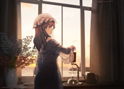 Rule 34 | 1girl, arm at side, bare shoulders, blurry, boiling, brown hair, coffee mug, coffee siphon, commentary request, cup, curtains, dress, frills, from behind, furahata gen, hat, indoors, long hair, long sleeves, looking at viewer, looking back, maribel hearn, mob cap, morning, mug, off-shoulder dress, off shoulder, outstretched arm, pink hat, plant, saucer, see-through silhouette, shore, sky, solo, table, tablecloth, touhou, vase, window, yellow eyes
