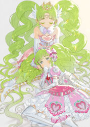 Rule 34 | 2girls, absurdly long hair, bare shoulders, boots, bow, collar, colored eyelashes, commentary request, covering own mouth, crown, detached collar, dress, drill hair, dual persona, elbow gloves, facing viewer, falulu, forehead jewel, frilled skirt, frills, gloves, green hair, grey eyes, hair bow, hand over own mouth, headphones, heart, heart print, highres, lap pillow, layered skirt, long hair, multiple girls, oshiri (o4ritarou), parted bangs, pink bow, pink dress, pretty series, pripara, puffy short sleeves, puffy sleeves, short sleeves, sidelocks, sitting, skirt, strapless, strapless dress, thigh boots, tiara, time paradox, twin drills, twintails, very long hair, white collar, white dress, white footwear, white gloves, winding key, wing hair ornament