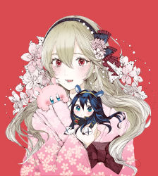 Rule 34 | 1other, 2girls, alternate costume, ballpoint pen (medium), blue eyes, blue hair, bow, chibi, corrin (female) (fire emblem), corrin (fire emblem), fire emblem, fire emblem awakening, fire emblem fates, floral print, flower, grey hair, hair between eyes, hair flower, hair ornament, hairband, highres, japanese clothes, kimono, kirby, kirby (series), long hair, looking at viewer, lucina (fire emblem), multiple girls, nintendo, open mouth, pink kimono, pointy ears, red background, red eyes, roroichi, simple background, smile, super smash bros., traditional media, upper body