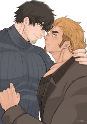 Rule 34 | 2boys, bara, black sweater, blonde hair, blue sweater, blush, couple, eye contact, facial hair, flirting, goatee, harada (basashi), imminent kiss, large pectorals, long sideburns, looking at another, male focus, mature male, multiple boys, muscular, muscular male, original, pectoral cleavage, pectorals, shirt grab, short hair, sideburns, stubble, sweater, undercut, upper body, yaoi