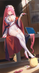 Rule 34 | 1girl, azur lane, breasts, center opening, cleavage, gloves, half gloves, hat, highres, holding, holding syringe, large breasts, long hair, looking at viewer, nurse cap, official alternate costume, perseus (azur lane), perseus (unfamiliar duties) (azur lane), pink eyes, pink gloves, pink hair, sansan (dongfangzhong111), solo, syringe, thighhighs, white hat, white thighhighs