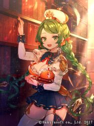 Rule 34 | 1girl, black feathers, blue skirt, bodice, book, bookshelf, braid, breasts, cleavage, copyright notice, feathers, garter straps, green eyes, green hair, hair ribbon, hat feather, holding, holding book, large breasts, lelia (teikoku senki), long hair, natsuiro xx, official art, open mouth, pleated skirt, puffy sleeves, red ribbon, ribbon, skirt, solo, teikoku senki, thighhighs, twin braids, white headwear, white sleeves, white thighhighs