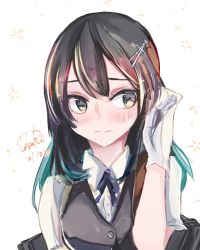 Rule 34 | 1girl, black hair, black vest, blue neck ribbon, blue neckwear, blush, closed mouth, commentary request, dated, dress shirt, gloves, green eyes, hair ornament, hairclip, hand in own hair, highres, kantai collection, long hair, machinery, oyashio (kancolle), shirt, signature, simple background, solo, sparkle, tobari (seaetana), upper body, vest, white background, white gloves, white shirt