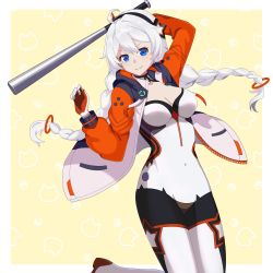 Rule 34 | &gt;:), 1girl, ahoge, arm up, baseball bat, black hairband, blue eyes, bodysuit, braid, breasts, cleavage, closed mouth, commentary request, floating hair, gloves, grey hair, hairband, hand up, highres, holding, holding baseball bat, honkai (series), honkai impact 3rd, jacket, kiana kaslana, kiana kaslana (white comet), long hair, long sleeves, looking at viewer, low twintails, medium breasts, metal baseball bat, open clothes, open jacket, orange gloves, puffy long sleeves, puffy sleeves, ryuusan (leuthan698), smile, solo, twin braids, twintails, v-shaped eyebrows, very long hair, white bodysuit, white gloves, white jacket