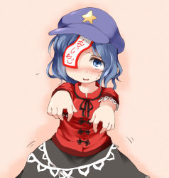 Rule 34 | 1girl, beret, blue eyes, blue hair, blush, covering privates, covering own eyes, embarrassed, female focus, hat, jiangshi, looking at viewer, matching hair/eyes, miyako yoshika, nanana (chicken union), ofuda, outstretched arms, short hair, simple background, solo, touhou, zombie pose
