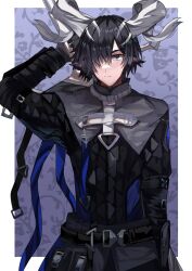 Rule 34 | 1boy, arknights, bishounen, black gloves, black hair, blue eyes, blue sealad, cowboy shot, gloves, hair over one eye, hand up, highres, holding, holding sword, holding weapon, horns, lessing (arknights), male focus, short hair, solo, sword, weapon