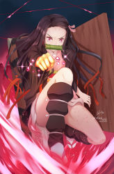 Rule 34 | 1girl, angry, artist name, bamboo, bit gag, black hair, brown hair, commentary request, forehead, gag, hair ribbon, highres, japanese clothes, kamado nezuko, kimetsu no yaiba, kimono, long hair, long sleeves, looking at viewer, mouth hold, multicolored hair, pink eyes, pink kimono, pink ribbon, ribbon, skyrail, solo, two-tone hair, v-shaped eyebrows, very long hair