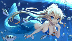 Rule 34 | 1girl, :q, air bubble, american flag bikini, american flag print, animal, archerfish (warship girls r), ass, bare arms, bare shoulders, bikini, bikini top only, bison cangshu, blonde hair, blue eyes, breasts, bubble, cleavage, closed mouth, collarbone, commentary request, day, fish, fish request, flag print, front-tie bikini top, front-tie top, hair between eyes, hand to own mouth, hand up, high ponytail, highres, long hair, looking at viewer, medium breasts, mermaid, monster girl, outdoors, ponytail, print bikini, smile, solo, sunlight, swimsuit, tongue, tongue out, underwater, very long hair, warship girls r, water
