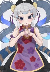 Rule 34 | 1girl, bare shoulders, blue eyes, blush, china dress, chinese clothes, dress, eyeshadow, grey background, grey hair, hair ornament, highres, kedama (ughugjydthjdf), kemono friends, komodo dragon (kemono friends), long hair, looking at viewer, makeup, open mouth, ribbon, simple background, snake tail, solo, tail, twintails