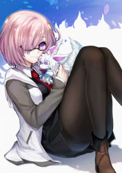 Rule 34 | 1girl, black-framed eyewear, black pantyhose, black skirt, fate/grand order, fate (series), fou (fate), glasses, hair over one eye, looking at viewer, mamo (fortune-mm), mash kyrielight, md5 mismatch, necktie, pantyhose, pink hair, purple eyes, red necktie, resolution mismatch, short hair, sitting, skirt, source larger