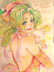 Rule 34 | 1girl, bare shoulders, breasts, closed mouth, detached sleeves, dress, earrings, elbow gloves, final fantasy, final fantasy vi, gloves, green hair, jewelry, long hair, looking at viewer, moogle, payu (pyms11), ponytail, purple eyes, simple background, smile, tina branford