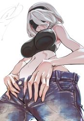 Rule 34 | 1girl, bare arms, blindfold, breasts, denim, from below, hairband, impossible clothes, jeans, large breasts, midriff, navel, nier (series), nier:automata, open fly, pants, parted lips, pungter, short hair, signature, silver hair, simple background, sleeveless, solo, unzipped, white background, 2b (nier:automata)