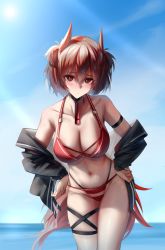 Rule 34 | 1girl, :/, absurdres, animal ears, arknights, bikini, bird ears, black jacket, blue sky, blush, breasts, cleavage, collarbone, cowboy shot, fiammetta (arknights), gluteal fold, groin, hair between eyes, hands on own hips, highres, jacket, large breasts, navel, necktie, off shoulder, open clothes, open jacket, outdoors, red bikini, red hair, red necktie, shokuyou koori, short hair, sky, solo, stomach, swimsuit, thigh gap, thighs, water, wet