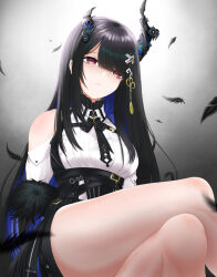 Rule 34 | 1girl, absurdres, asymmetrical horns, black coat, black hair, black sleeves, blue hair, breasts, clothing cutout, coat, collared dress, colored inner hair, crossed legs, demon horns, dress, feathers, fur-trimmed sleeves, fur trim, getsukiba, highres, hololive, hololive english, horns, large breasts, looking at viewer, mole, mole under eye, multicolored hair, nerissa ravencroft, nerissa ravencroft (1st costume), red eyes, shoulder cutout, solo, virtual youtuber, waistcoat, white dress