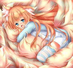 Rule 34 | 1girl, absurdres, animal ear fluff, animal ears, blonde hair, blue eyes, blue jacket, blue thighhighs, blush, child, cloud, commentary request, fang, fox ears, fox girl, fox tail, hair between eyes, highres, holding, holding with tail, huge filesize, hugging own tail, hugging tail, jacket, kitsune, komuginyan, kyuubi, large tail, long hair, looking at viewer, multiple tails, open mouth, original, prehensile tail, smile, solo, straddling, striped clothes, striped thighhighs, tail, thighhighs, very long hair