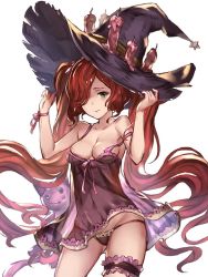 Rule 34 | 10s, 1girl, 77gl, anna (granblue fantasy), babydoll, bad id, bad twitter id, bridal garter, candle, granblue fantasy, hair over one eye, hat, lingerie, long hair, panties, red hair, see-through, solo, stuffed animal, stuffed cat, stuffed toy, underwear, very long hair, white background, witch hat