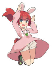 Rule 34 | 1girl, animal ears, arms up, bloomers, brown hair, dress, fang, green eyes, highres, jumping, kneehighs, leg lift, long hair, open mouth, original, pink dress, ponytail, rabbit ears, rabbit pose, rabbit tail, shoes, smile, socks, solo, surio, tail, underwear, white socks, wind, wind lift