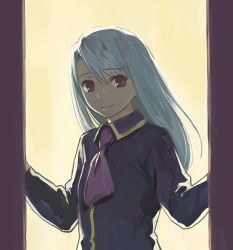Rule 34 | 00s, 1girl, albino, ascot, b suke, blue hair, closed mouth, collared shirt, fate/stay night, fate (series), illyasviel von einzbern, long hair, long sleeves, looking at viewer, red eyes, shirt, smile, solo, swept bangs, upper body, white hair, yellow background