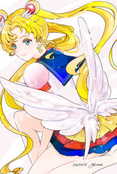 Rule 34 | 1girl, 2017, artist name, bare legs, bishoujo senshi sailor moon, bishoujo senshi sailor moon sailor stars, blonde hair, blue eyes, blue sailor collar, closed mouth, colored eyelashes, crescent, crescent facial mark, dated, double bun, dutch angle, earrings, eternal sailor moon, facial mark, forehead mark, hair bun, hair ornament, hairclip, jewelry, light smile, long hair, multicolored clothes, multicolored skirt, parted bangs, sailor collar, sailor moon, signature, skirt, tsukino usagi, twintails, very long hair, white wings, wings, yukinami (paru26i)