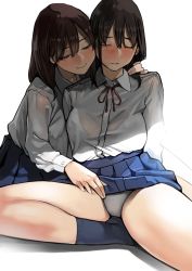 Rule 34 | 2girls, absurdres, black hair, black socks, blue skirt, blush, bra, brown eyes, brown hair, closed eyes, clothes lift, collared shirt, commentary, feet, hair between eyes, hand on another&#039;s shoulder, hand on another&#039;s thigh, highres, kneehighs, multiple girls, naughty face, no shoes, original, panties, parted lips, pleated skirt, school uniform, see-through, shirt, sitting, skirt, skirt lift, socks, underwear, white panties, white shirt, wing collar, yomu (sgt epper), yuri