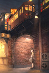 Rule 34 | 1girl, arch, braid, brick wall, brown hair, ceiling light, commentary request, hair ornament, hairclip, highres, jitome, kneehighs, long hair, long sleeves, looking at viewer, night, original, outdoors, pleated skirt, pochi (poti1990), scenery, shoes, sign, signature, skirt, socks, solo, standing, train, train station, white socks, wide shot