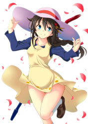 Rule 34 | 1girl, alternate costume, andou natsumi, andou natsumi (cosplay), black hair, blue eyes, braid, commentary request, cosplay, crowbar, dress, hair between eyes, hair ornament, hand on headwear, hat, kantai collection, leg up, long hair, natsumi step!, petals, remodel (kantai collection), shigure (kancolle), simple background, single braid, smile, socks, solo, standing, standing on one leg, sun hat, white background, white socks, yammy y