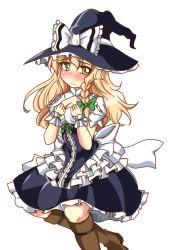 Rule 34 | 1girl, apron, blonde hair, blush, bow, braid, breasts, curiosities of lotus asia, female focus, frills, green eyes, hair bow, hat, hat bow, kanosawa, kirisame marisa, simple background, single braid, solo, touhou, witch, witch hat, wrist cuffs