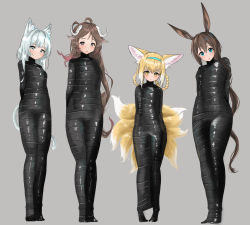 Rule 34 | 4girls, absurdres, ahoge, amiya (arknights), animal ear fluff, animal ears, arknights, blonde hair, blue eyes, blue hairband, bound, braid, braided hair rings, breasts, cat ears, cat tail, commentary request, commission, eyjafjalla (arknights), fox ears, fox tail, full body, grey background, grey eyes, hair rings, hairband, highres, horns, long hair, looking at viewer, medium breasts, multiple girls, multiple tails, mummification, parted lips, pixiv commission, rabbit ears, rosmontis (arknights), seirein (htyn2888), sheep ears, sheep horns, silver hair, simple background, standing, suzuran (arknights), tail, very long hair, yellow eyes
