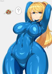 Rule 34 | 1girl, ?, arms behind head, arms up, blonde hair, blue bodysuit, blue eyes, bodysuit, breasts, closed mouth, covered navel, cowboy shot, gluteal fold, grey background, haku hakujou daimaou, highres, impossible clothes, large breasts, long hair, looking at viewer, metroid, metroid (creature), mole, mole under mouth, nintendo, ponytail, samus aran, shiny clothes, simple background, skin tight, solo, wide hips, zero suit