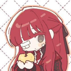 Rule 34 | 1girl, apple, profile picture, bandaid, bandaid on face, black jacket, black ribbon, chibi, closed mouth, food, fruit, gauze, golden apple, hair ribbon, holding, holding food, holding fruit, jacket, limbus company, long hair, long sleeves, looking at viewer, lowres, pink hair, project moon, ribbon, sidelocks, solo, very long hair, white background, yeong-il, yuri (project moon)