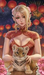 Rule 34 | 1girl, 2022, animal, animal print, blonde hair, blue eyes, braid, breasts, china dress, chinese clothes, chinese zodiac, cleavage, cleavage cutout, clothing cutout, dress, earrings, fireworks, flower, french braid, green eyes, hair flower, hair ornament, twirling hair, highres, jewelry, lantern, large breasts, lips, looking at viewer, myra (sciamano240), nail polish, new year, original, parted lips, pink flower, pointy ears, purple nails, red dress, red lips, sciamano240, short sleeves, smile, solo, tiger, tiger print, tiger stripes, year of the tiger