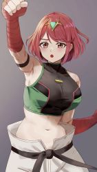 Rule 34 | 1girl, amayo thranana, armpits, blush, breasts, commentary, cowboy shot, crop top, dougi, fingerless gloves, gloves, grey background, highres, karate gi, large breasts, looking at viewer, midriff, navel, open mouth, pants, pyra (xenoblade), red eyes, red gloves, red hair, short hair, simple background, solo, swept bangs, white pants, xenoblade chronicles (series), xenoblade chronicles 2, xenoblade chronicles 3