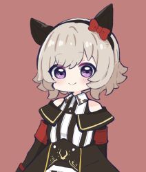 Rule 34 | 1girl, animal ears, armband, bare shoulders, black hairband, black jacket, blush, bow, breasts, brown background, chibi, closed mouth, collared dress, commentary request, dress, ear bow, grey hair, hairband, highres, horse ears, jacket, nozo (hitomiz), off-shoulder jacket, off shoulder, purple eyes, red bow, simple background, sleeveless, sleeveless dress, small breasts, smile, solo, striped clothes, striped dress, umamusume, upper body, vertical-striped clothes, vertical-striped dress