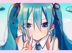 Rule 34 | 1girl, aqua hair, artist name, bare shoulders, blue eyes, blue necktie, blurry, blurry background, blush, cake (isiofb), closed mouth, collared shirt, commentary request, depth of field, hair between eyes, hair ribbon, hand up, hatsune miku, heart, heart in eye, letterboxed, long hair, looking at viewer, necktie, red ribbon, ribbon, shirt, sleeveless, sleeveless shirt, solo, symbol in eye, twintails, vocaloid, white shirt