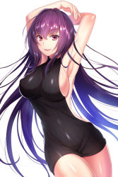Rule 34 | 1girl, armpits, arms behind head, arms up, backless dress, backless outfit, bare shoulders, black sweater, blush, breasts, dress, fate/grand order, fate (series), hair between eyes, hair intakes, hanasaki mahiru, large breasts, long hair, looking at viewer, meme attire, naked sweater, parted lips, purple hair, red eyes, ribbed sweater, scathach (fate), sideboob, simple background, smile, solo, sweater, sweater dress, thighs, turtleneck, turtleneck sweater, virgin killer sweater, white background