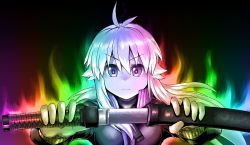 Rule 34 | 1girl, ahoge, aura, black background, blonde hair, closed mouth, commentary request, drawing sword, holding, holding sword, holding weapon, koshirae tsurugi (m.m), long hair, m.m, original, serious, sheath, solo, sword, unsheathing, wakizashi, weapon