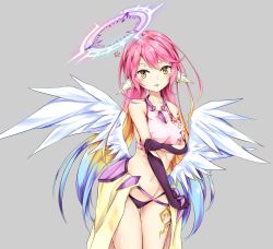 Rule 34 | 1girl, angel wings, anger vein, bare shoulders, blush, breasts, commentary request, spiked halo, crop top, cross, feathered wings, gloves, gradient hair, halo, highres, ikasoke (likerm6au), jibril (no game no life), long hair, looking at viewer, low wings, magic circle, medium breasts, midriff, multicolored hair, navel, no game no life, pink hair, solo, symbol-shaped pupils, tattoo, tongue, tongue out, very long hair, white wings, wing ears, wings, yellow eyes