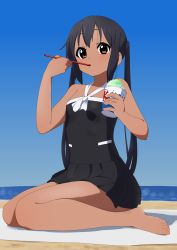Rule 34 | 1girl, absurdres, barefoot, beach, bikini, bikini skirt, black dress, black hair, black one-piece swimsuit, blue sky, breasts, brown eyes, casual one-piece swimsuit, commentary request, commission, criss-cross halter, cup, dress, dress swimsuit, drinking straw, drinking straw in mouth, eating, feet, food, halterneck, highres, holding, holding cup, holding drinking straw, k-on!, kicchi (tmgk), kneeling, long hair, mouth hold, nakano azusa, ocean, one-piece swimsuit, outdoors, sea sparkle, shadow, shaved ice, sidelocks, sitting, skeb commission, sky, small breasts, solo, swimsuit, tan, tareme, toes, twintails