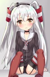 Rule 34 | 1girl, amatsukaze (kancolle), arm support, bad id, bad pixiv id, black choker, black hairband, black panties, blush, brown dress, brown eyes, choker, closed mouth, collarbone, commentary request, dress, garter straps, hair between eyes, hair tubes, hairband, hat, kantai collection, lifebuoy, long hair, long sleeves, looking at viewer, mini hat, panties, red thighhighs, sailor collar, sailor dress, see-through, silver hair, sitting, smokestack, solo, sutei (xfzdarkt), sweat, swim ring, tears, thighhighs, two side up, underwear, very long hair, wavy mouth, white sailor collar