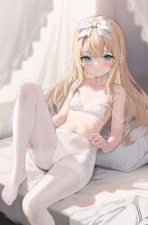 Rule 34 | 1girl, absurdres, blonde hair, blush, bow, bow bra, bra, breasts, character request, closed mouth, unworn clothes, collarbone, commentary request, copyright request, feet, foot out of frame, green eyes, hagi (ame hagi), hair between eyes, hair bow, highres, knee up, legs, long hair, navel, no pants, no shirt, no shoes, panties, panties under pantyhose, pantyhose, pillow, psd available, side-tie panties, sidelocks, sitting, small breasts, smile, solo, strap slip, toes, underwear, variant set, white bow, white bra, white panties, white pantyhose