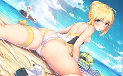 Rule 34 | 2girls, ahoge, arched back, artoria pendragon (all), artoria pendragon (fate), artoria pendragon (swimsuit archer) (fate), artoria pendragon (swimsuit archer) (third ascension) (fate), ass, bare shoulders, beach, blonde hair, breasts, cameltoe, cloud, covered erect nipples, crown, day, dutch angle, fate/apocrypha, fate/grand order, fate (series), food, glasses, green eyes, hair bun, high heels, hinasaki you, innertube, jack the ripper (fate/apocrypha), lens flare, looking at viewer, lying, mouth hold, multiple girls, ocean, one-piece swimsuit, open mouth, outdoors, partially submerged, popsicle, reclining, saber (fate), see-through, sidelocks, single hair bun, sky, small breasts, sunglasses, swim ring, swimsuit, thigh strap, water, water gun, wet, wet hair