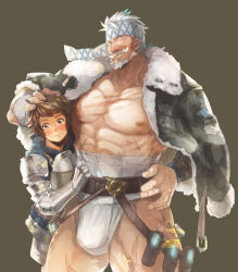 Rule 34 | 10s, 2boys, abs, age difference, alternate costume, bara, beard, blush, brown background, brown hair, bulge, cowboy shot, facial hair, fighter (granblue fantasy), fundoshi, gran (granblue fantasy), granblue fantasy, hand on head, hand on own hip, japanese clothes, karipaku, male focus, male underwear, multiple boys, muscular, old, old man, pectorals, scar, simple background, size difference, soriz, white hair, white male underwear, yaoi