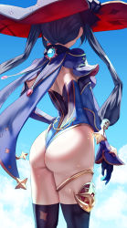 Rule 34 | 1girl, ass, ass focus, bare shoulders, detached sleeves, elbow gloves, from behind, genshin impact, gloves, hair ornament, hair ribbon, hat, highres, leotard, long hair, looking away, mona (genshin impact), purple hair, ribbon, solo, thick thighs, thighhighs, thighs, thong, thong leotard, twintails, uenoryoma, very long hair