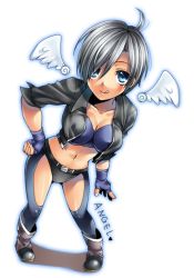 Rule 34 | 1girl, :d, :p, ahoge, angel (kof), angel wings, bad id, bad pixiv id, breasts, cleavage, jacket, midriff, open mouth, riko (pixiv415667), silver hair, smile, snk, solo, the king of fighters, tongue, tongue out, transparent background, wings