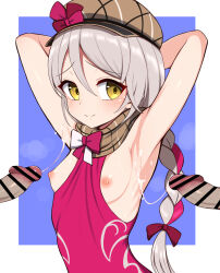 Rule 34 | 1girl, 2boys, armpits, arms behind head, arms up, bar censor, between breasts, blue background, blush, border, braid, braided ponytail, breasts, brown scarf, censored, clothes between breasts, commentary request, cum, cum on armpits, cum on body, erection, fire emblem, fire emblem engage, framme (fire emblem), grey hair, hair between eyes, hair ribbon, hat, highres, hondaranya, looking at viewer, medium hair, multiple boys, multiple penises, nintendo, nipples, outside border, paid reward available, penis, plaid, plaid scarf, ribbon, scarf, simple background, small breasts, smile, solo focus, sweat, upper body, white border, yellow eyes