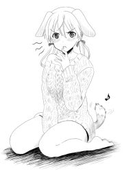 Rule 34 | 1girl, animal ears, aran sweater, bad id, bad pixiv id, blush, cable knit, dog ears, embarrassed, gertrud barkhorn, greyscale, kyogoku shin, monochrome, musical note, open mouth, seiza, short hair, sitting, sketch, solo, strike witches, sweater, tail, tail wagging, tears, twintails, world witches series