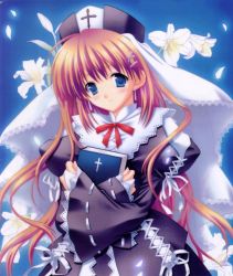 Rule 34 | 1girl, bible (object), blue eyes, blush, book, cross, cross-laced clothes, earrings, flower, hair ornament, hairclip, hat, head tilt, jewelry, lace, lily (flower), long hair, long sleeves, looking at viewer, orange hair, original, ribbon-trimmed sleeves, ribbon trim, smile, solo, wavy hair